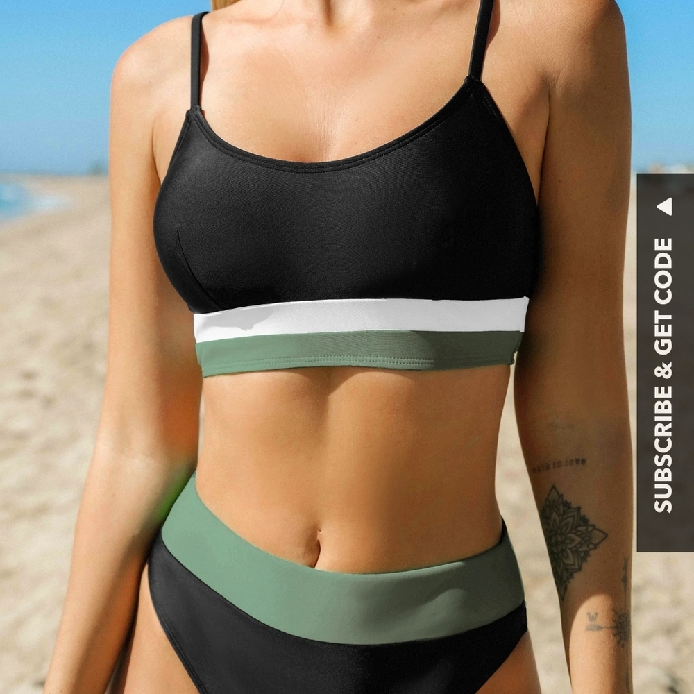 Cupshe Green and Black Bikini Set with High-Waisted Bottoms
